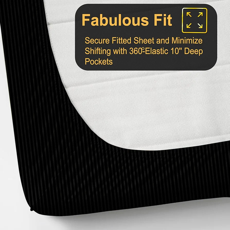 Fresh From Loom Satin Striped Soft Fitted Bedsheet King Size Bed with Two Pillow Cover Elastic 240 TC Black