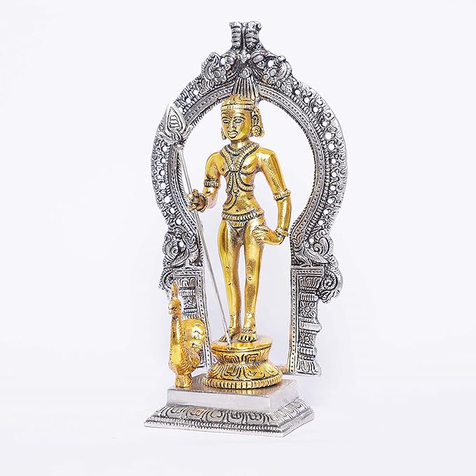 KridayKraft Metal Murugan Swami Kartikeya Statue Standing with Peacock Subramanyam Murti