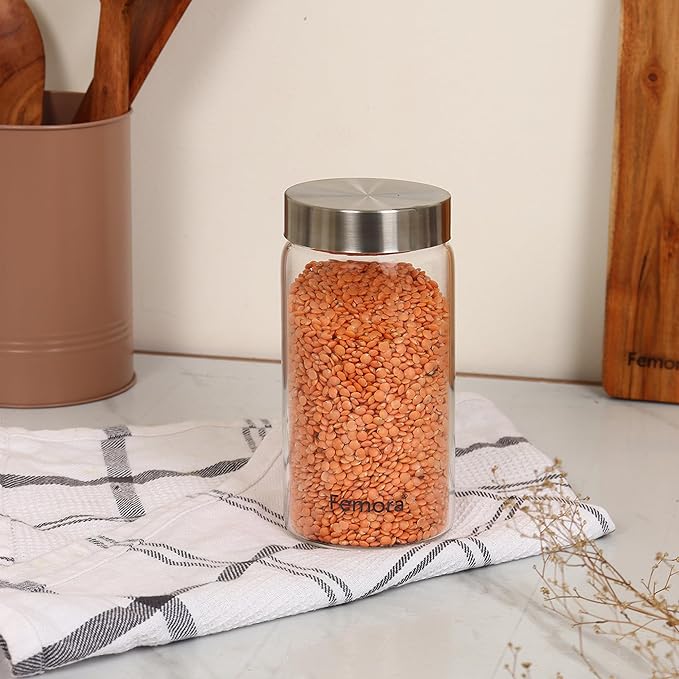 Femora Kitchen Storage Jars Borosilicate Glass With Steel Lid Air Tight Jar | 550 Ml | Pack of 2