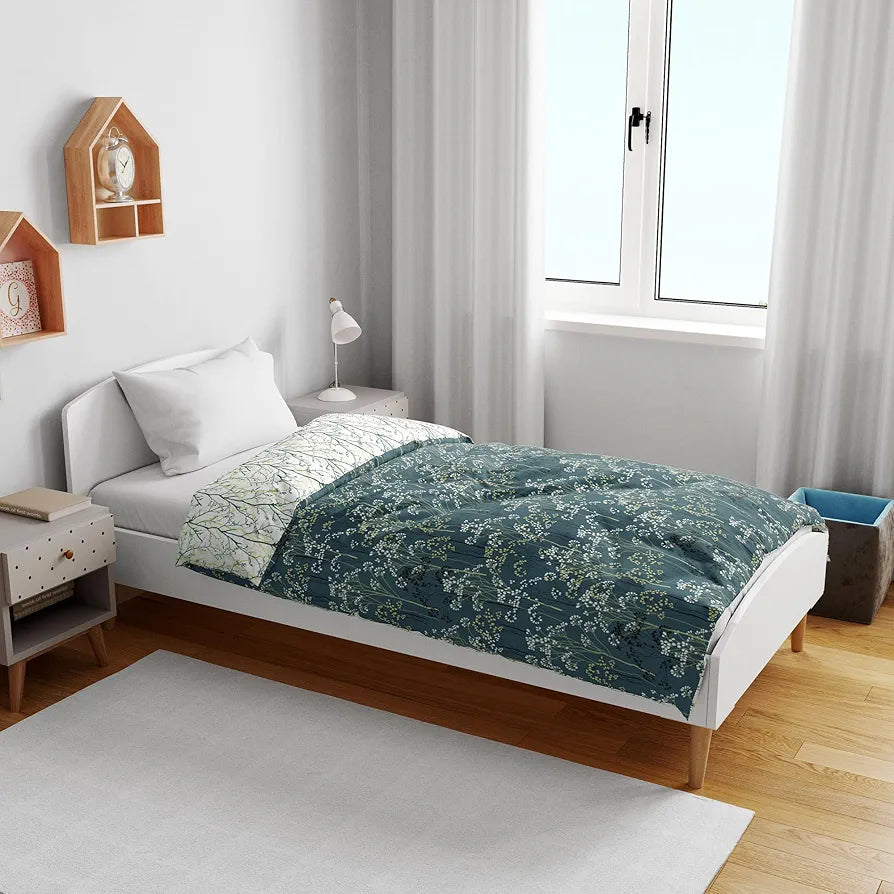 Divine Casa 120 GSM Microfiber Single Kids Dohar Soft & Lightweight Throw Blanket Floral Branches Pattern Colour Teal & White