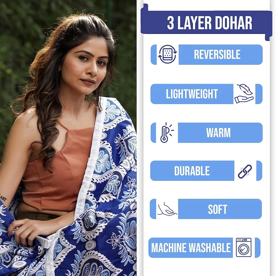 Divine Casa Floret 100% Cotton Single Dohar 120 GSM Soft & Lightweight Throw Blanket Colour Dazzling Blue