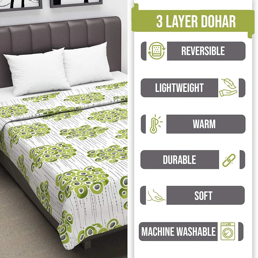 Divine Casa 120 GSM Microfibre Dohar Single Bed All Season Winter 3 Layered Reversible AC Throw Blanket for Sofa TC - 120 Colour Green and Grey