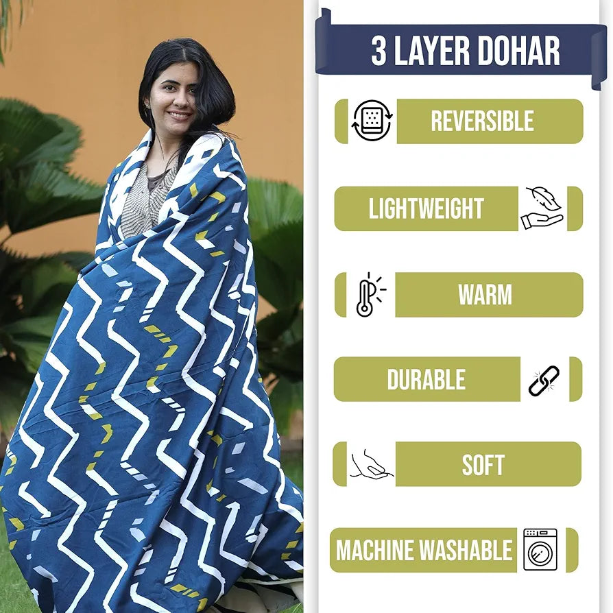 Divine Casa 120 GSM Microfiber Single Kids Dohar Soft & Lightweight Throw Blanket Zig-Zag Pattern Colour Blueprint