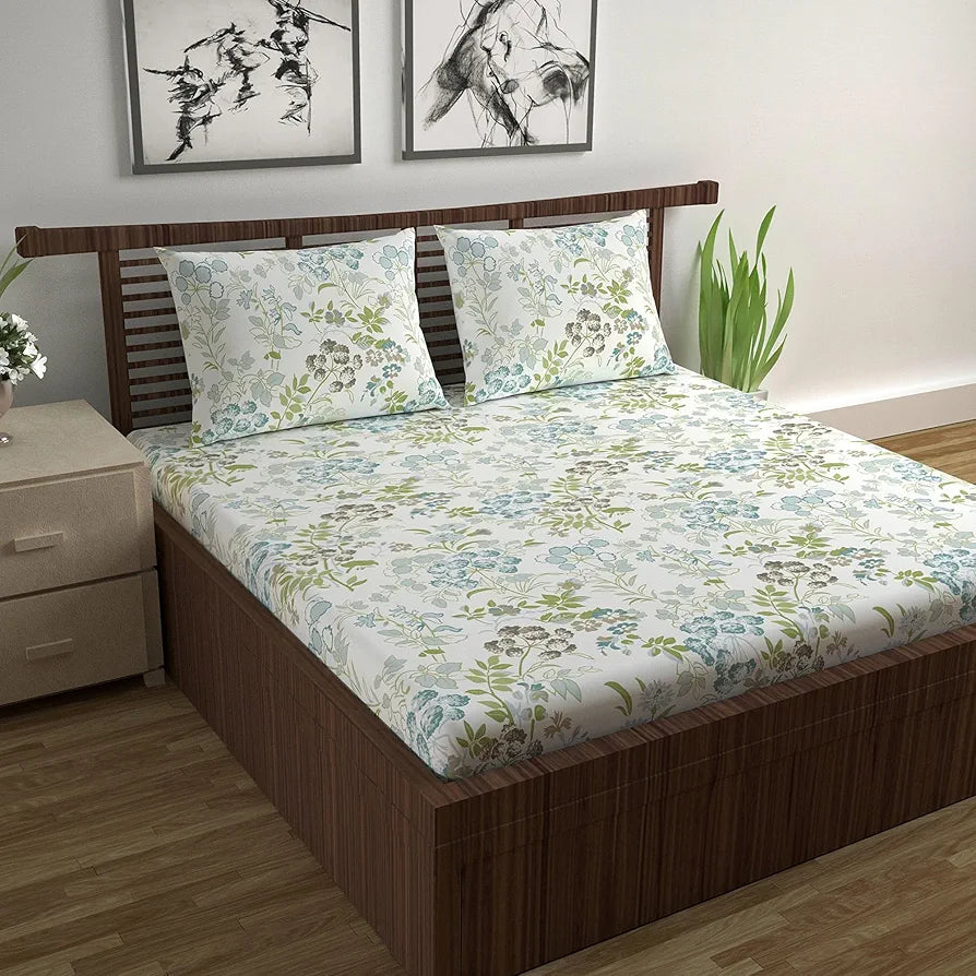 Divine Casa 144 TC Super Soft 100% Cotton Bedsheet for Double Bed  144 Thread Count Floral Colour Green Blush