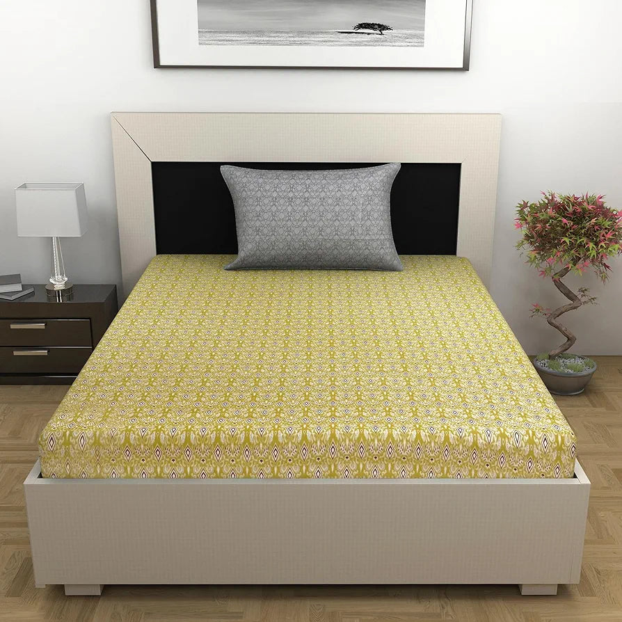 Divine Casa 144 TC Pure Cotton Single Size Bedsheet with 1 Pillow Cover Geometric Diamond Print Colour Golden Lime Grey