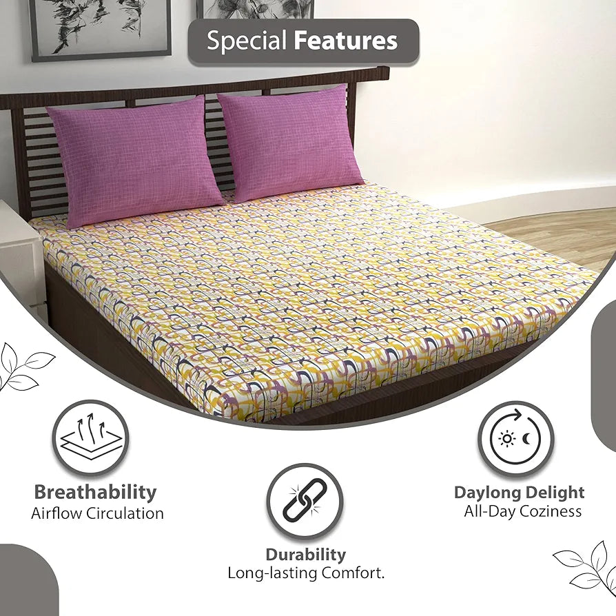 Divine Casa 144 TC 100% Pure Cotton Queen Size Double Bed Bedsheet with 2 Pillow Covers Wavy Pattern Colour Charcoal Yellow