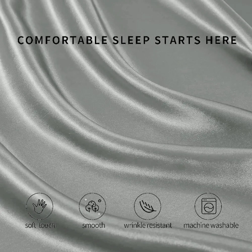 Cloth Fusion Satin Elastic Fitted Bedsheets Double Bed Luxury Queen Size with 2 Pillow Covers H603 280 TC Silver