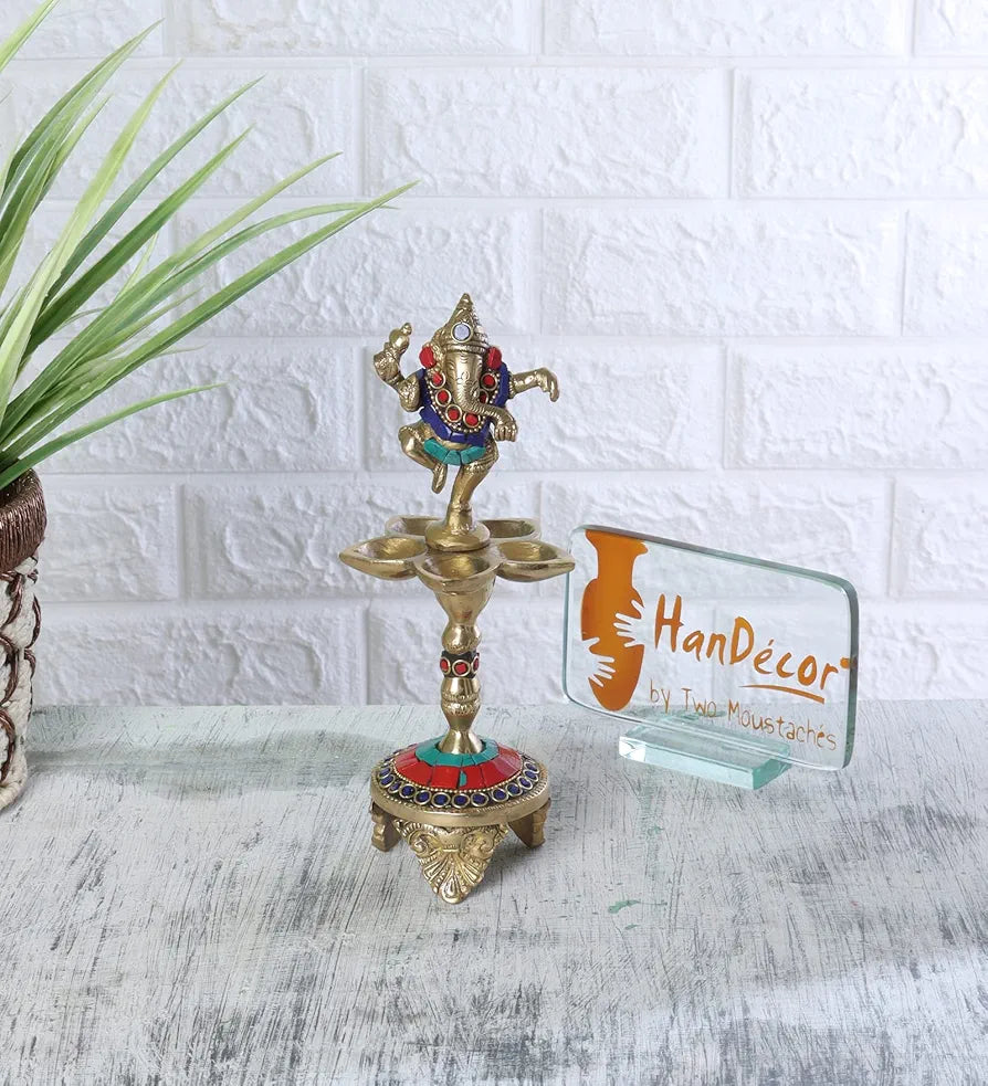 Two Moustaches Gemstone Work Dancing Ganesha Over Ethnic Legs Five Oil Wick Brass Diya