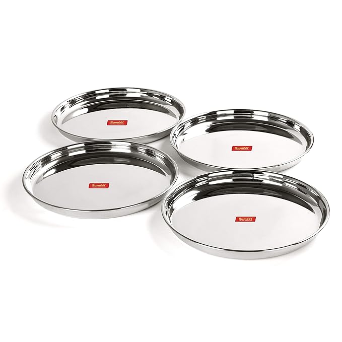 Sumeet Stainless Steel Heavy Gauge Deep Wall Dinner Plates 33.7cm Set of 4pc