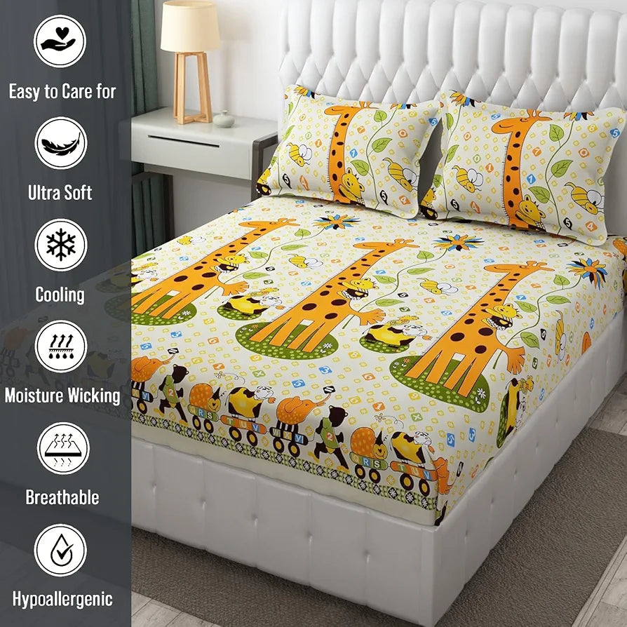 Fresh From Loom Bed Sheet Cartoon Printed Double Bed King Size Kids Bedsheet Yellow 144 TC Cream and Yellow