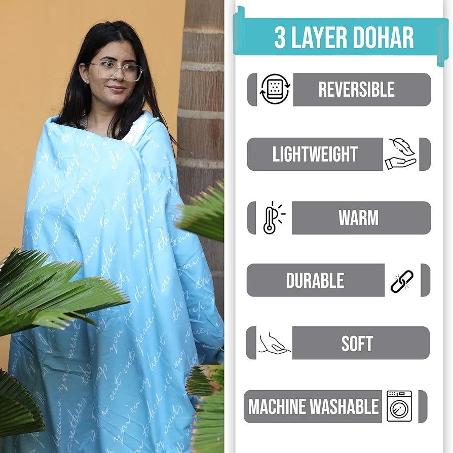 Divine Casa 120 GSM Microfiber Double Dohar Soft & Lightweight Throw Blanket Typography Pattern Colour Blue Topaz