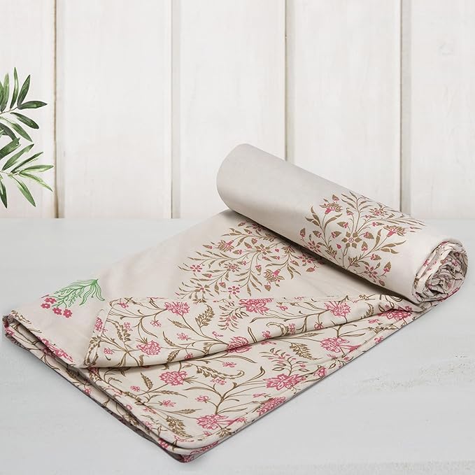 Huesland 100% Cotton Reversible Dohar Single Bed Cotton | Soft Cambric Weave, All Weather Light Ac Blanket Botanical Fusion - Ivory, Brown & Pink