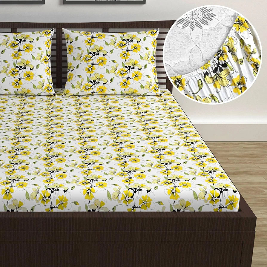 Divine Casa Floret 100% Cotton Double Fitted Bedsheet 144 TC Deep Pocket Design Colour Daffodil Yellow