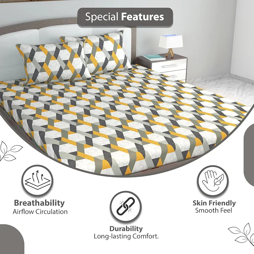 Divine Casa 144 TC Abstract Print Cotton Bedsheets for King Size Bed with 2 Pillow Covers Colour Greyochre