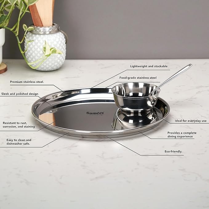 Sumeet Stainless Steel Heavy Gauge Mirror Finish Dinner set of 9 Pcs  Silver