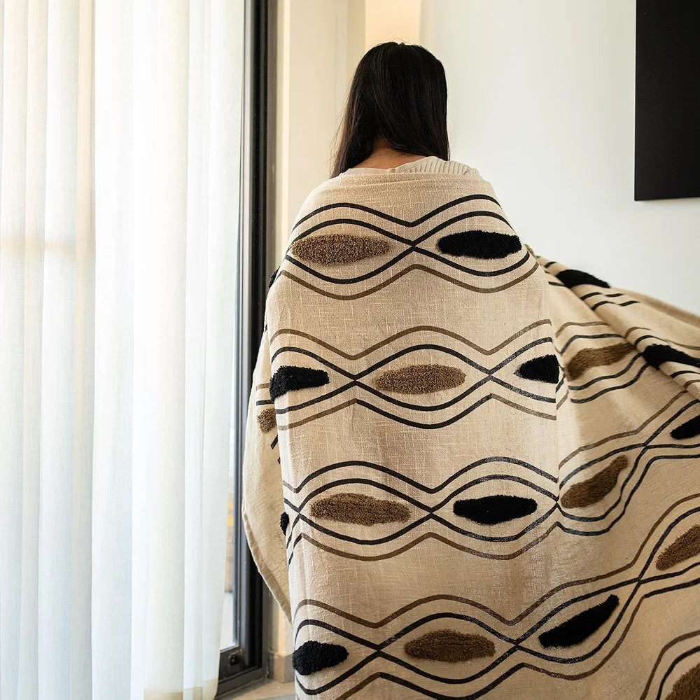 Sashaa World Chic Beige Black Patterned Cotton Throw Colour Beige/Black/Natural