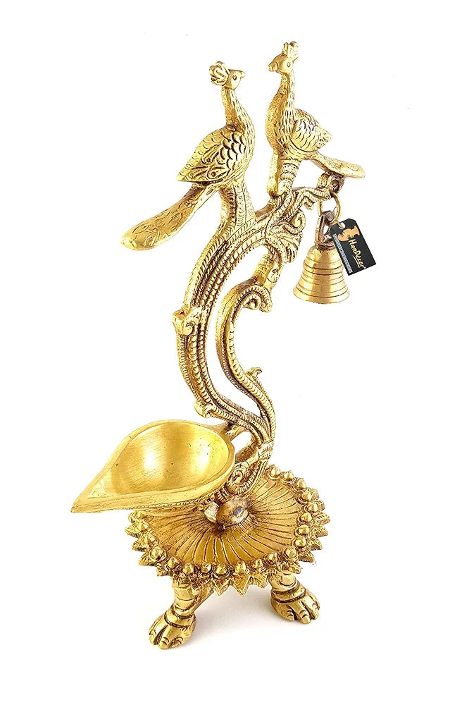 Two Moustaches Brass Ethnic Carved Twin Peacock Design Over Diya