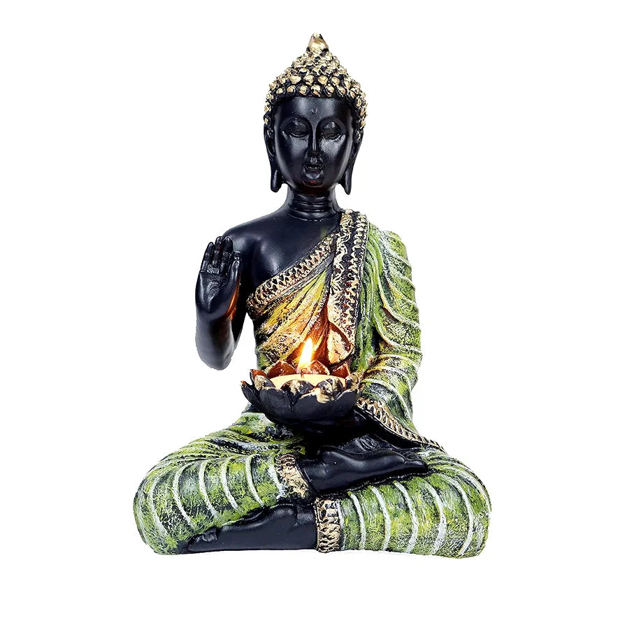 Jaipur Ace Sitting Buddha Idol Statue for Home Decorations Items Showpiece Green tea Light Buddha