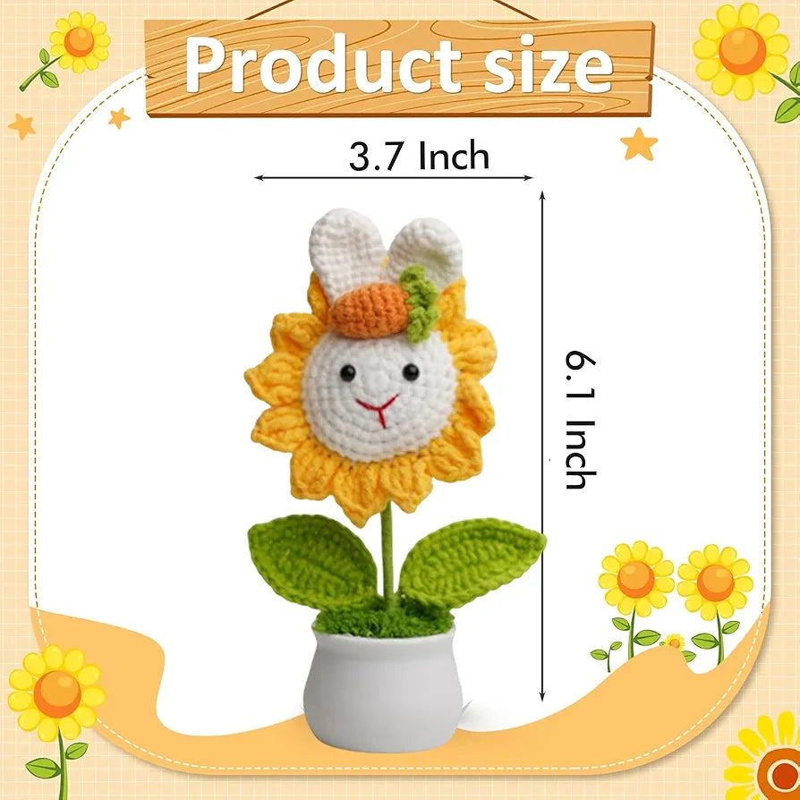 Crochet Flower Rabbit Sunflower With Pot. Artificial Handmade Knitted Flower Yellow