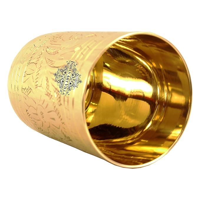 Indian Art Villa Pure Brass Glass Tumbler With Floral Etched Straight Design - 207 gms (Pack of 2)