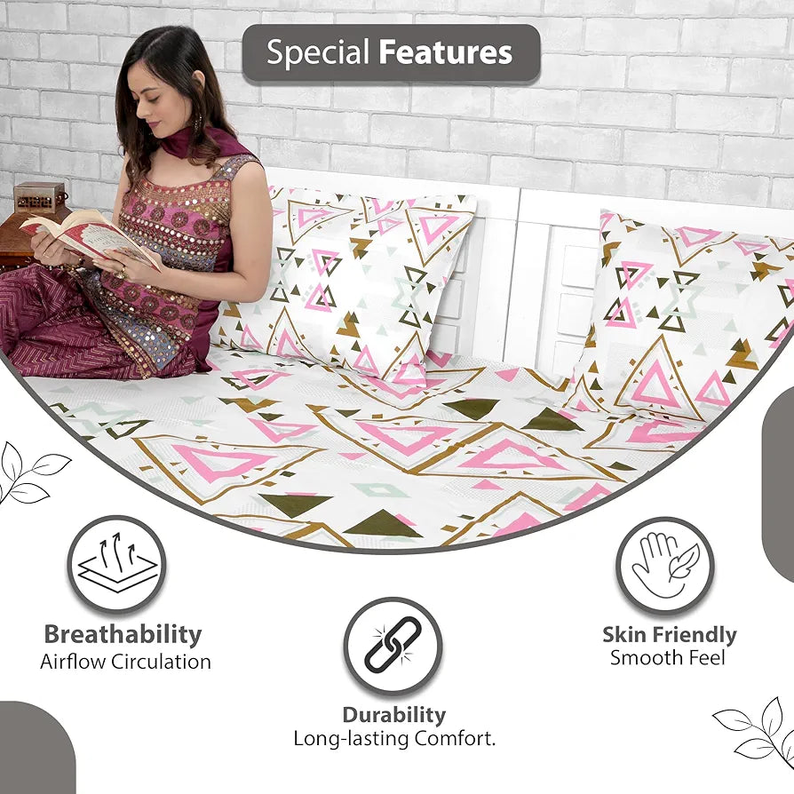 Divine Casa 144 TC Cotton Bedsheet for Double Bed with 2 Pillow Cover Colour Pink Olive