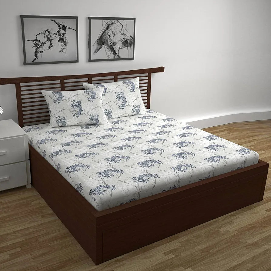 Divine Casa 144 TC 100% Cotton Double Bedsheet with 2 Pillow Covers Floral Pattern Colour Grey Blue