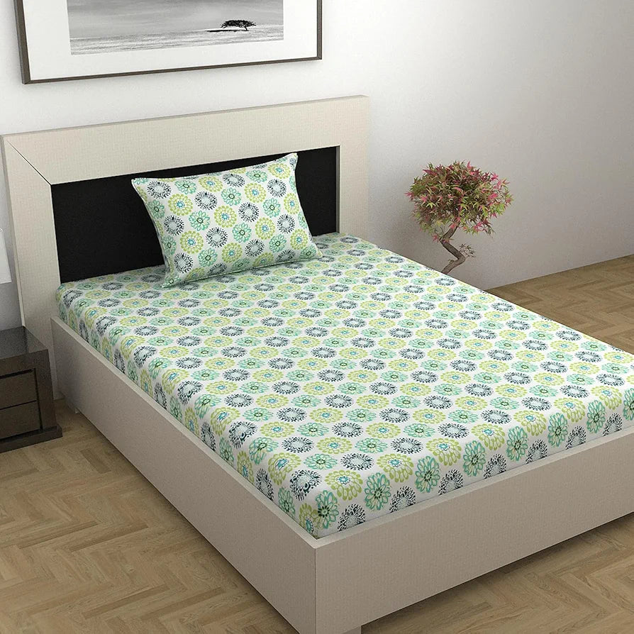 Divine Casa 144 TC 100% Cotton Single Bedsheet with 1 Pillow Cover  Flral Pattern Colour Calery