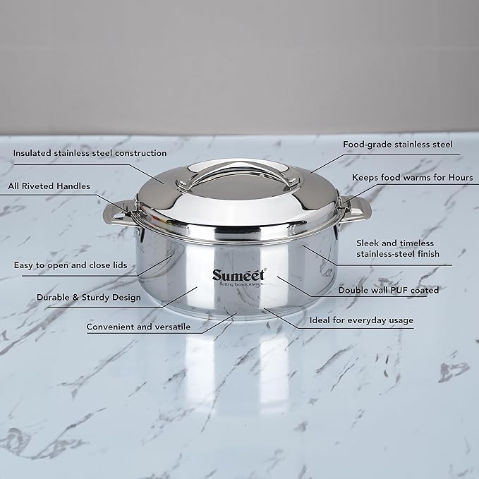 Sumeet Smart Serve Stainless Steel Double Wall Insulated Small Hot Pot Casserole 1.6L Silver