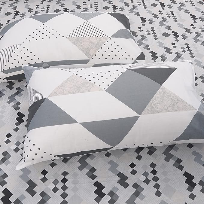 Huesland by Ahmedabad Cotton 186 TC King Size Bedsheet Cotton with 2 Pillow Covers | Grey & White