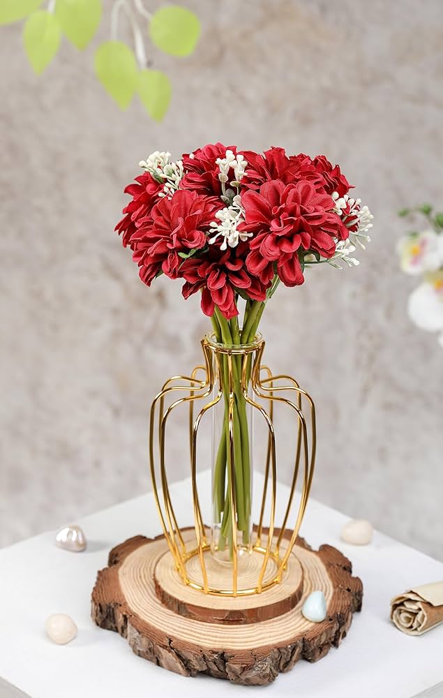 Artificial Dahlia Flower Bunch – 7-Stem Faux Bouquet Realistic Fabric Flower Arrangement Red