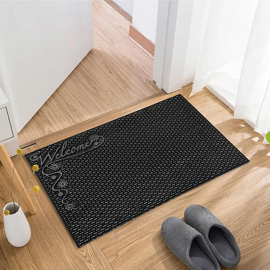 Kuber Industries Door Mat Rubber Mud Trapper Mat Welcome Mat Black & Silver Colour