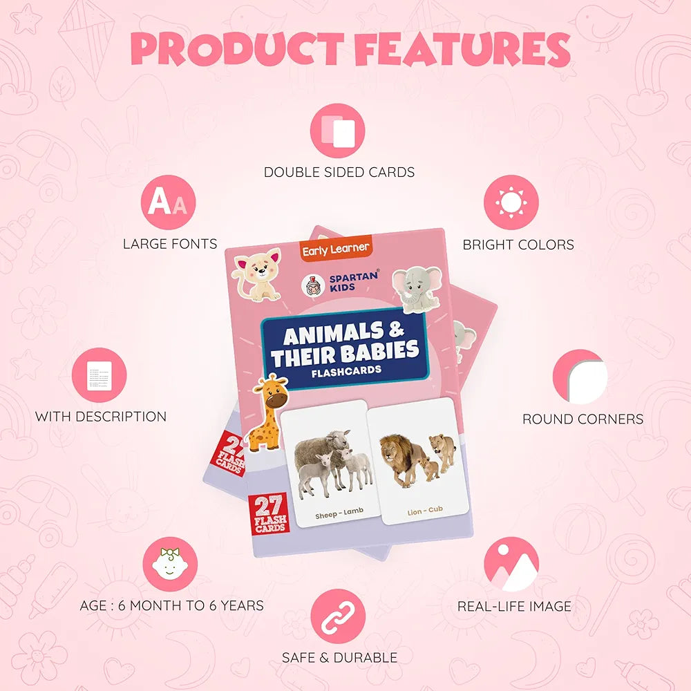 SPARTAN KIDS Animals & Their Babies Flash Cards for Kids | 27 Early Learning Language_Skills Flash Cards Easy & Fun Way of Learning 1 Year to 6 Years Babies