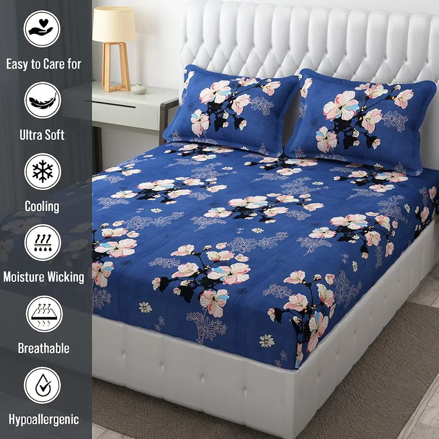 Fresh From Loom Rotary Printed King Size Double Bedsheet Bed Sheets With 2 Pillow Covers 144 TC Blue Denim