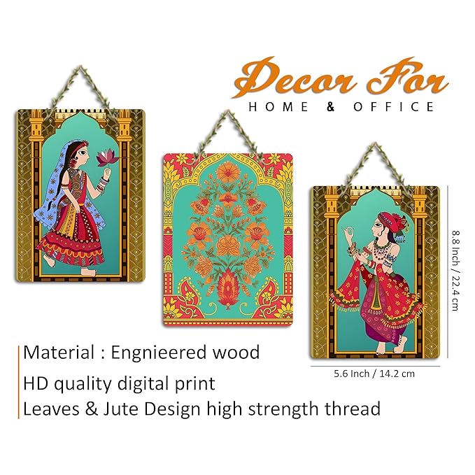 Artvibes Rajasthani Art Wooden Wall Hanging Decoration Item for Home | Set of 3