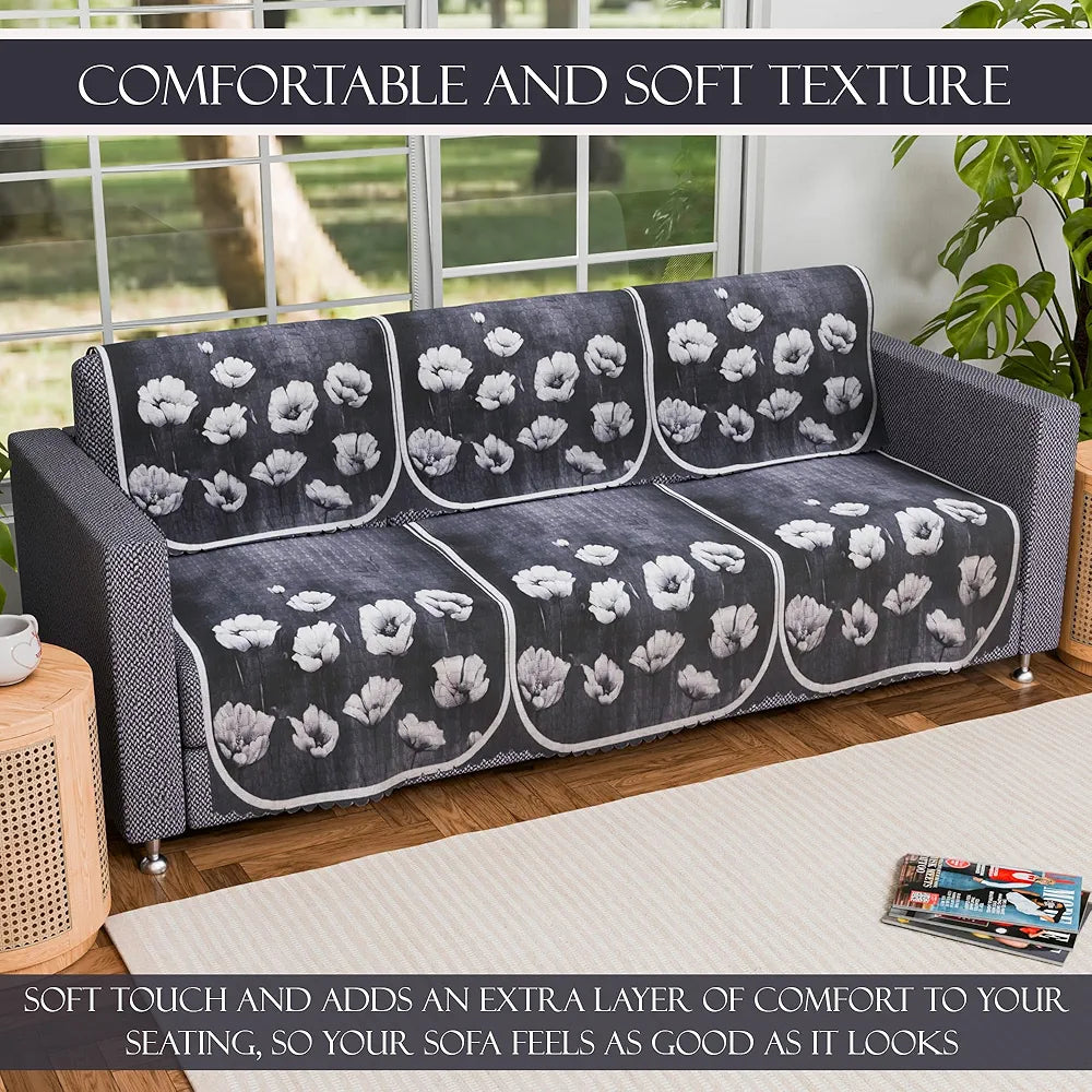Kuber Industries Set of 6 Durable 3 Seater Sofa Covers for Living Room Lotus Print Grey