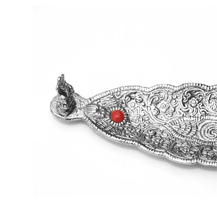 Pure Source India Aluminum Incense Holder & Ash Catcher Agarbatti Stand Featuring Ganesh Figurine Silver
