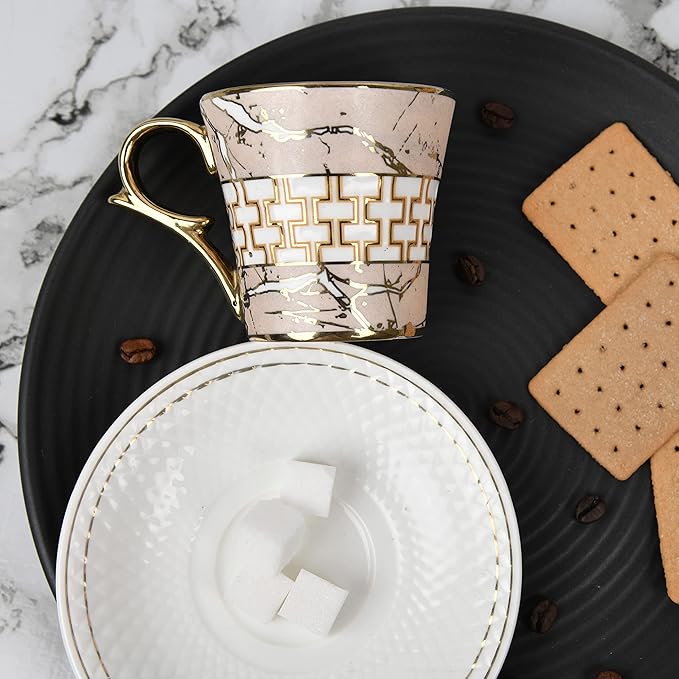 Femora Indian Ceramic Pink Gold Line Tea Cup | 6 Pieces | 155 Ml | Not Microwave Safe