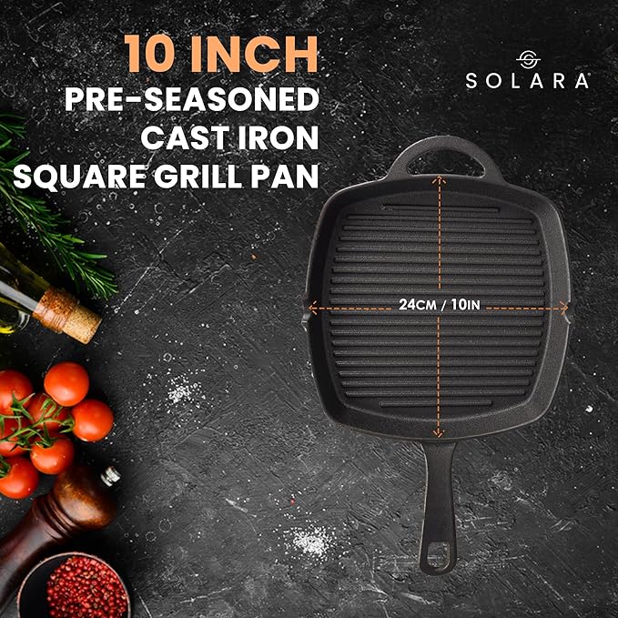 Solara Premium Pre-seasoned Cast Iron Grill Pan With Long Handle | 24 Cm | Induction Friendly | Toxin-free Tandoor Grill Pan