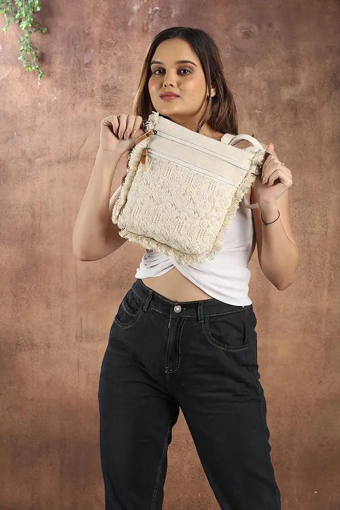 Goatter Cotton Material Embroidery Designs Medium Size Sling Bag For Women, 