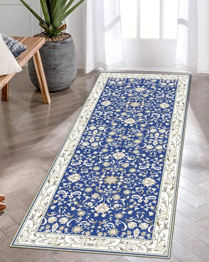 Ishro Home Velvet Premium Modern Runner Rug For Bedroom, Kitchen Colour  Geometrical Blue