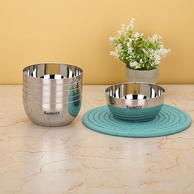 Sumeet Heavy Gauge Stainless Steel Big Size Apple Bowl 6 Pc 550 ml Each Silver