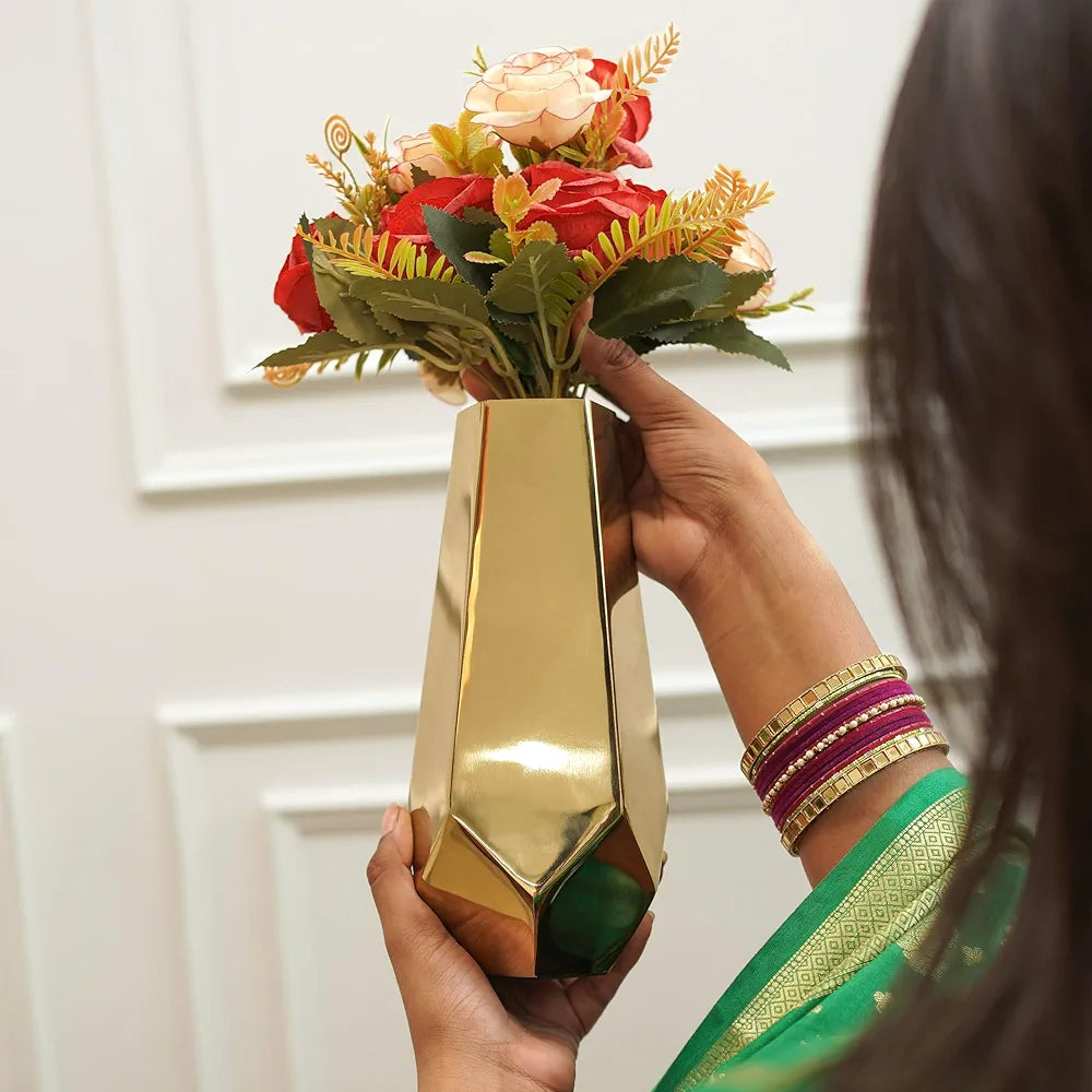 Behoma Designer Stainless Steel Prism Glow Flower Vase Golden Flowers not Included