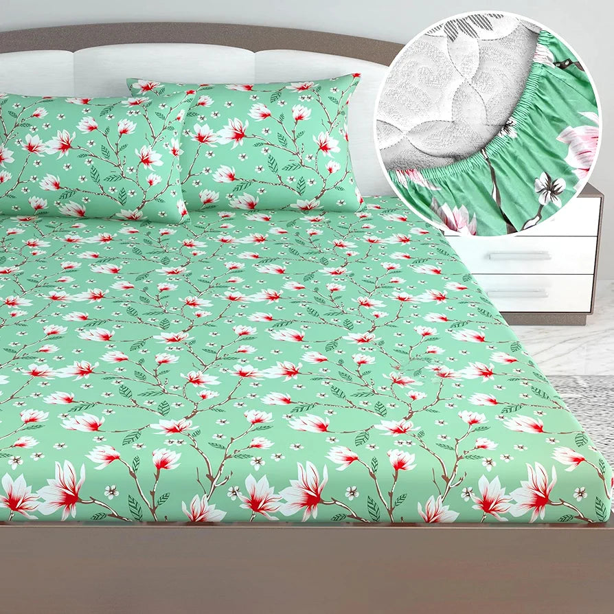 Divine Casa Floret 100% Cotton King Fitted Bedsheet 144 TC Deep Pocket Design Soft & Breathable Fabric Colour Blossom Haven Mint