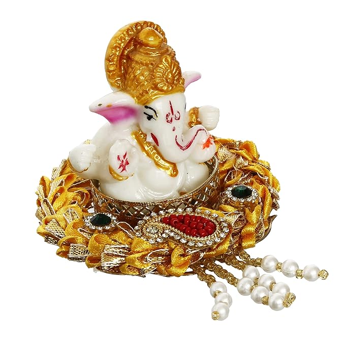 Ecraftindia Lord Ganesha Idol on Gottapatti Work Decorative Handcrafted Plate