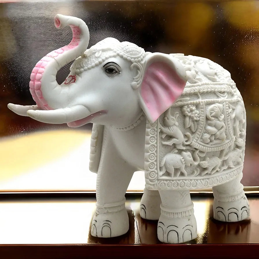 Kraftskala White Elephant Showpiece Animal Carving Big Size Marble Resin Aesthetic Statue