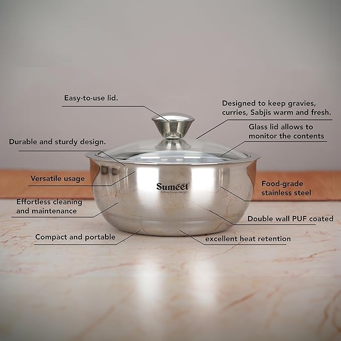 Sumeet Smart Serve Stainless Steel Double Wall Insulated Small Hot Sabji  Glass Lid 550ml 1pc, Silver