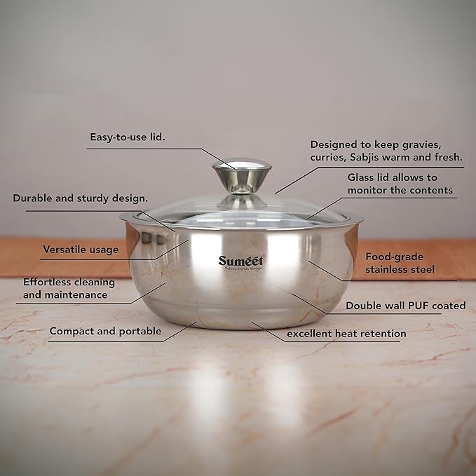 Sumeet Smart Serve Stainless Steel Double Wall Insulated Hot Sabji With Glass Lid 1L 1Pc