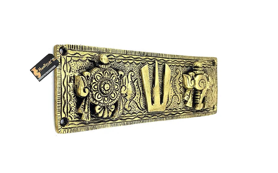 Two Moustaches Brass Shankh Chakra Namah Wall Hanging Antique White