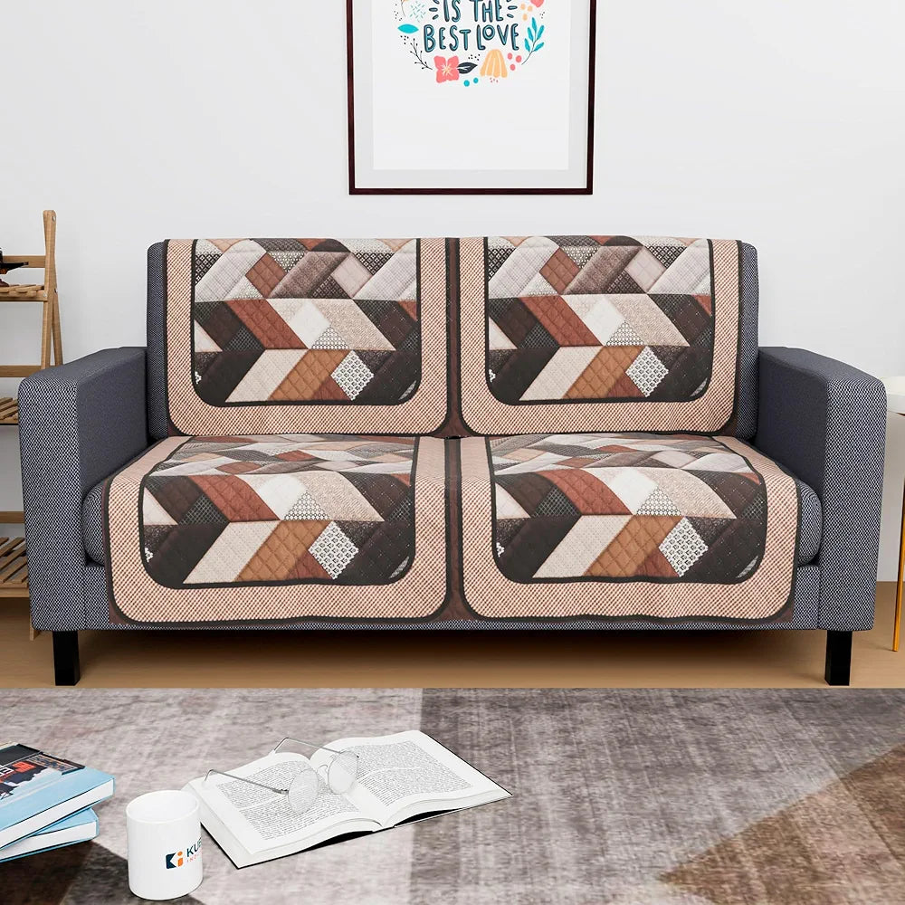 Kuber Industries Set of 4 Velvet 2 Seater Sofa Covers for Living Room Triangular-Cream & Brown