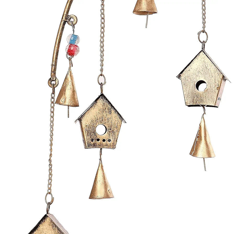 Metal Windchime Wall Hanging Feng Shui Wall Decor Golden BirdHouse